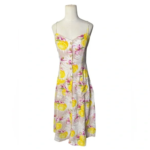 Forever 21 Linen Blend Lemon Floral Midi Dress Size M - Picture 2 of 6